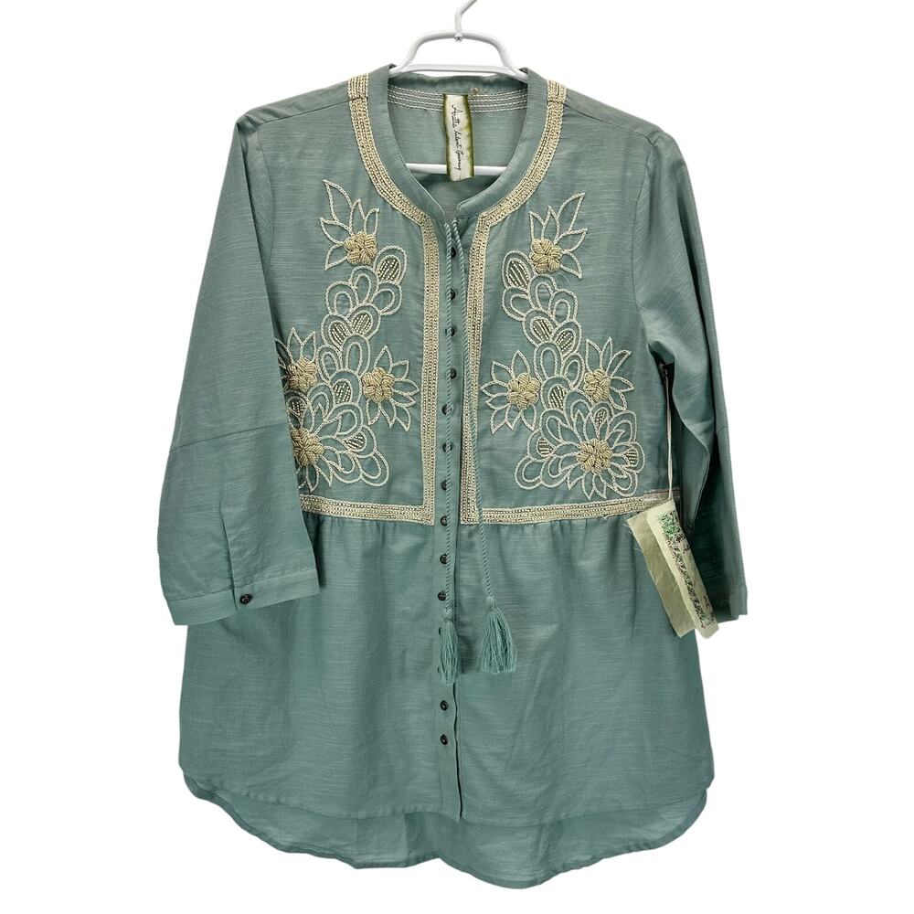 NWT Aratta Silent Journey Mint Buttoned Tunic Top Beaded Embroidery Med